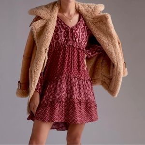 Anthropologie Tiered V-Neck Mini Dress (long sleeve) in Red Motif (size small)